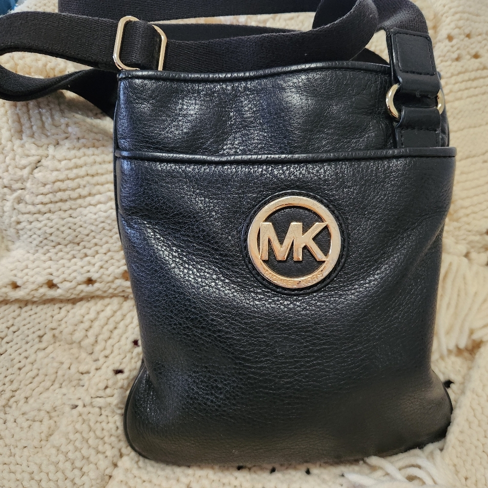 Michael Kors Black Leather Shoulder Bag with Gold Logo